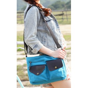 blue leather canvas satchel bag