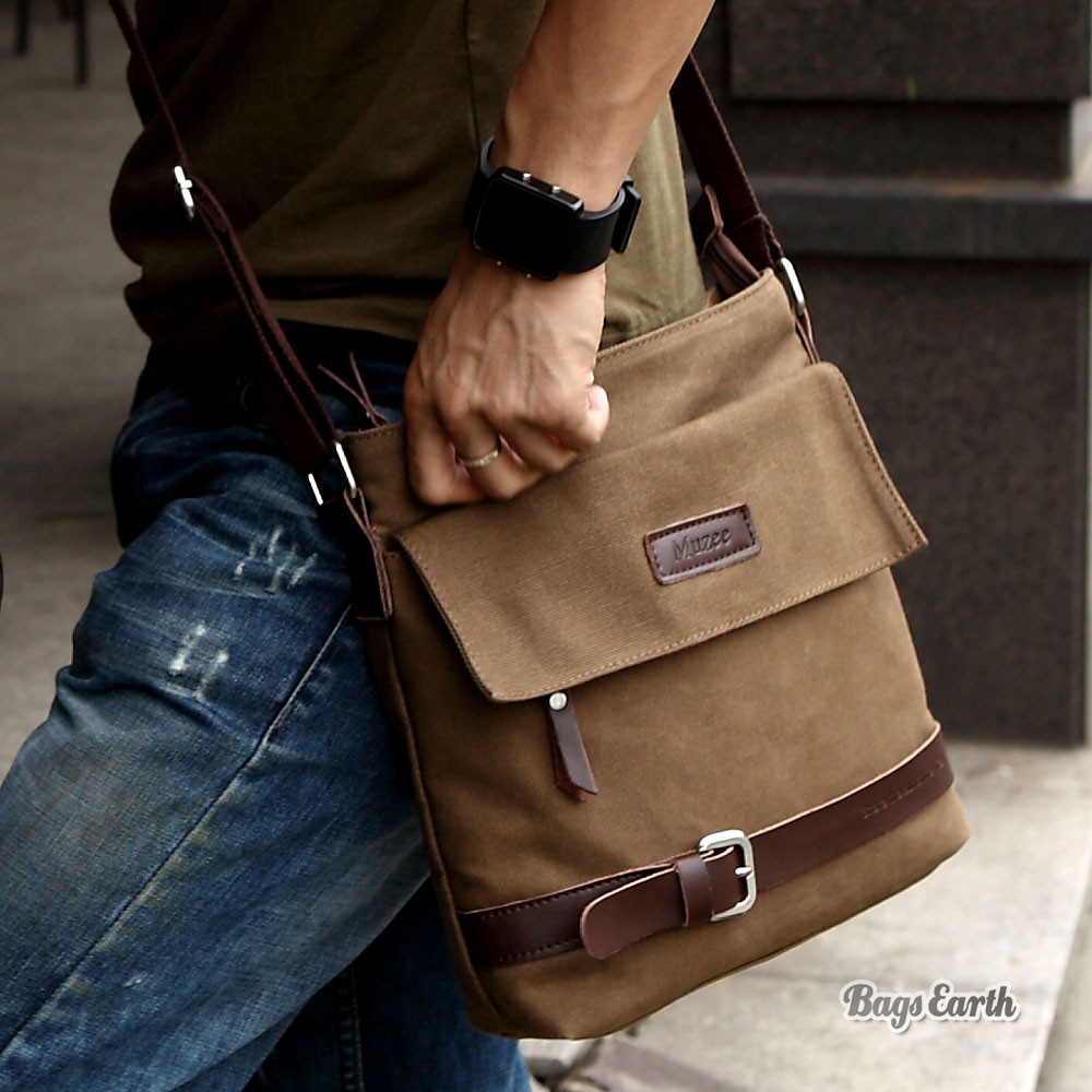 Canvas Shoulder Bag, Coffee Canvas Shoulder Bag Mens - BagsEarth