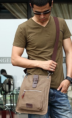 Mens canvas and leather shoulder bag, men's canvas satchel - BagsEarth
